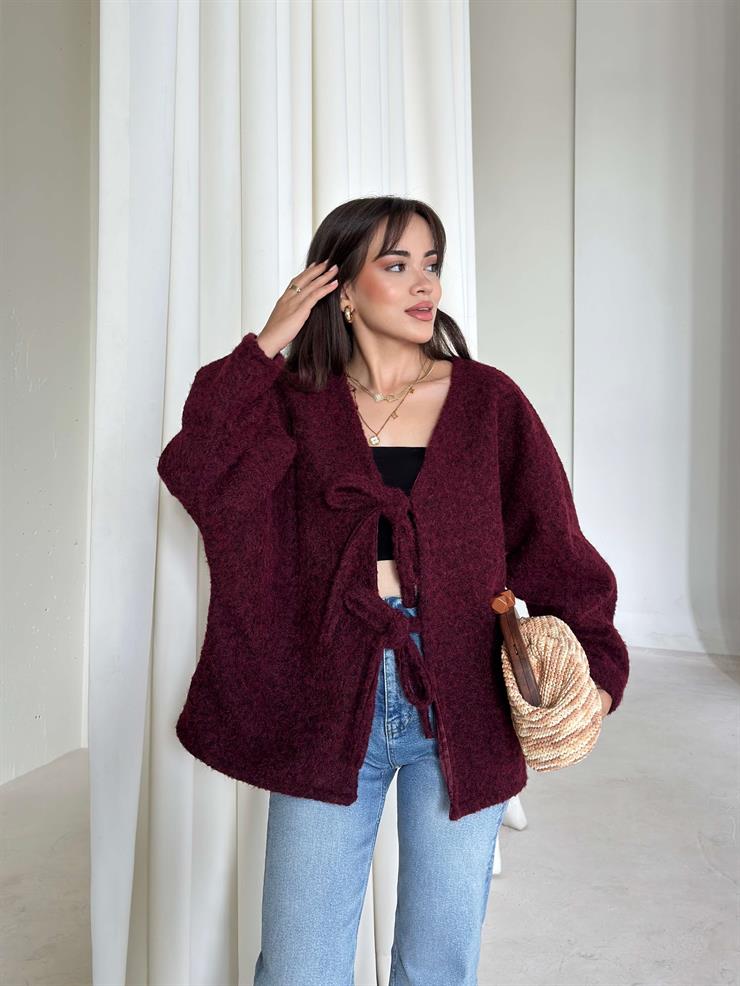 Oversize Önden Bağlamalı Annabel Kadın Bordo Peluş Ceket 26K005