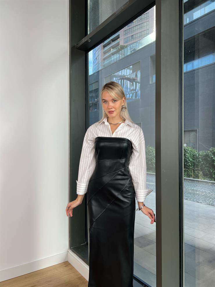 Straplez Yandan Yırtmaçlı Annalisa Kadın Syah Vegan Deri Elbise 24k254
