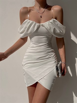 Şeffaf Takma Askı Düşük Omuz Drape Annalise Kadın Beyaz Elbise 22Y000018