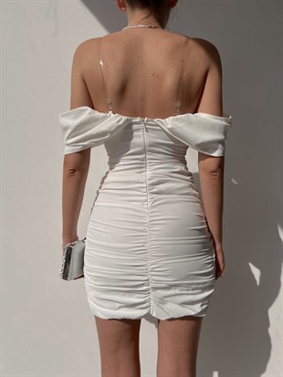 Şeffaf Takma Askı Düşük Omuz Drape Annalise Kadın Beyaz Elbise 22Y000018