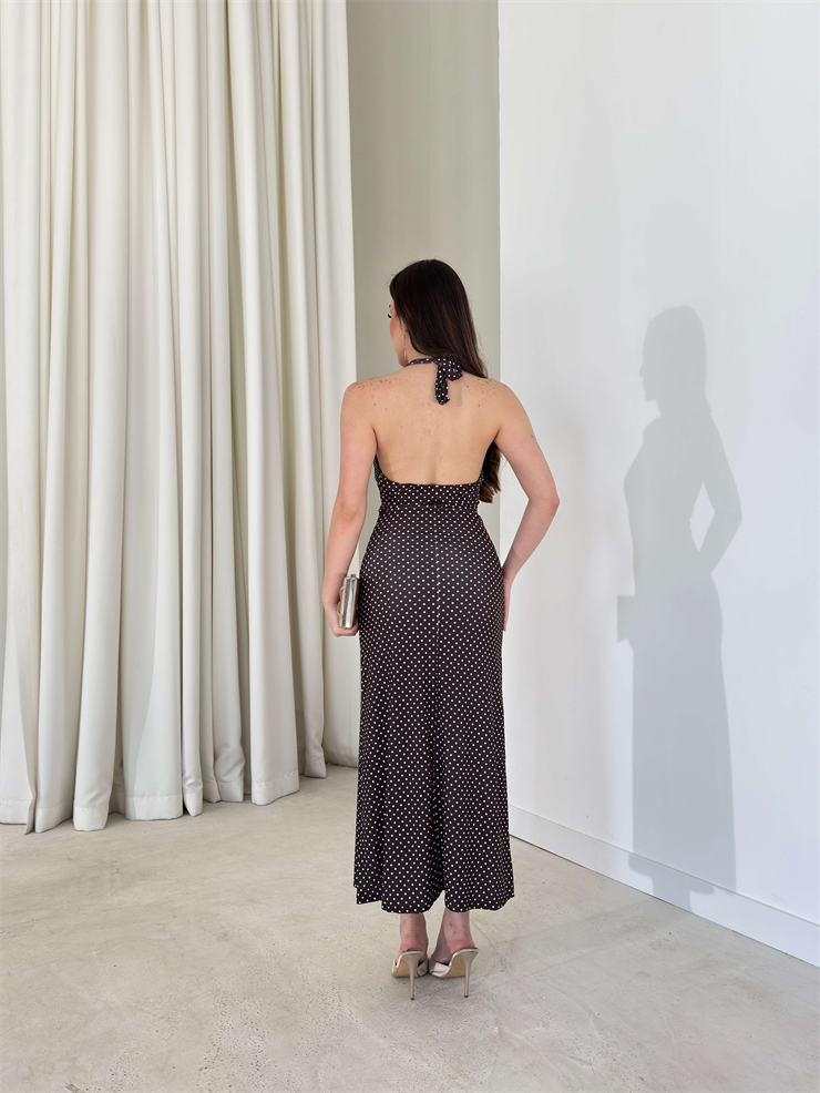 Boyundan Bağlamalı Puantiyeli V Yaka Annalise Kahve Kadın Elbise 26Y147