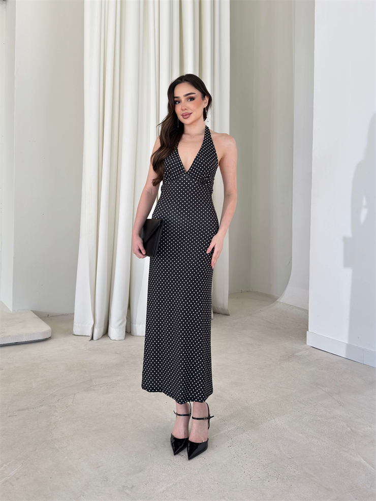 Boyundan Bağlamalı Puantiyeli V Yaka Annalise Siyah Kadın Elbise 26Y147