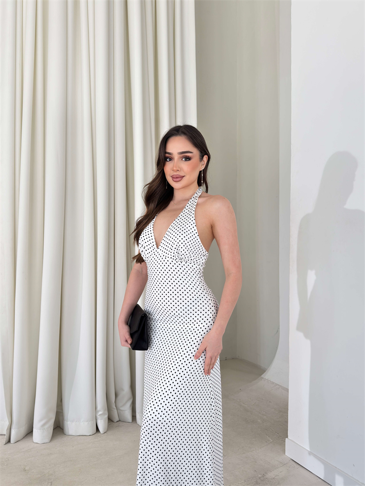 Boyundan Bağlamalı Puantiyeli V Yaka Annalise Ekru Kadın Elbise 26Y147