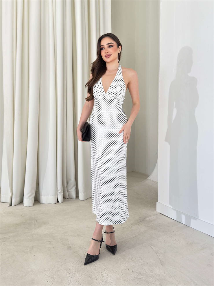 Boyundan Bağlamalı Puantiyeli V Yaka Annalise Ekru Kadın Elbise 26Y147