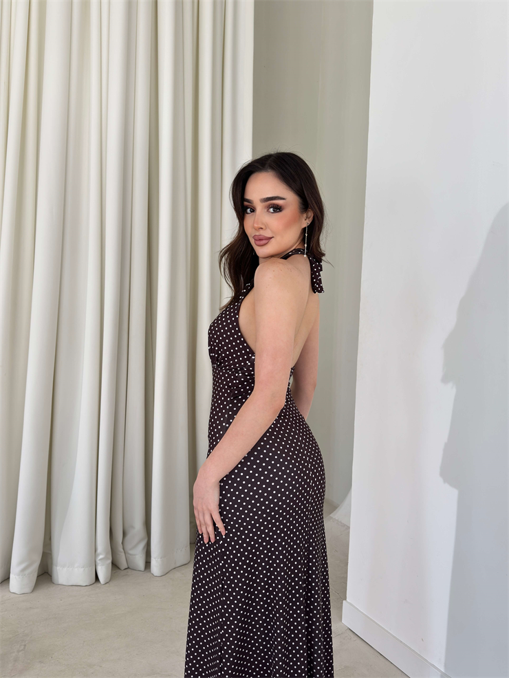 Boyundan Bağlamalı Puantiyeli V Yaka Annalise Kahve Kadın Elbise 26Y147