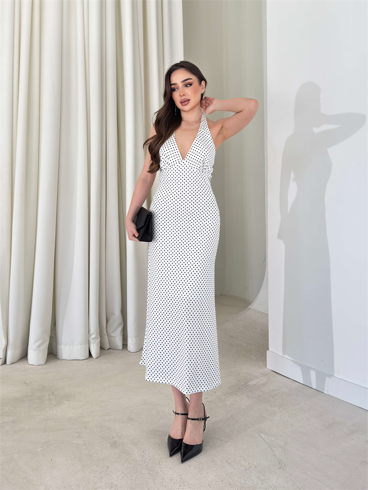 Boyundan Bağlamalı Puantiyeli V Yaka Annalise Ekru Kadın Elbise 26Y147