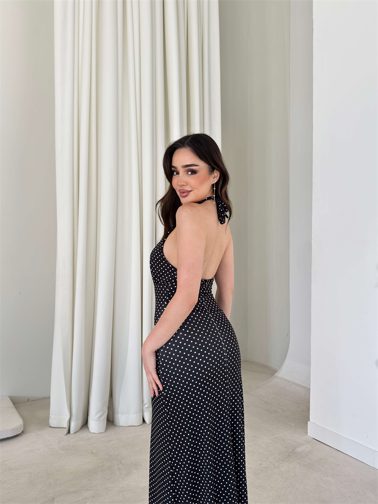 Boyundan Bağlamalı Puantiyeli V Yaka Annalise Siyah Kadın Elbise 26Y147