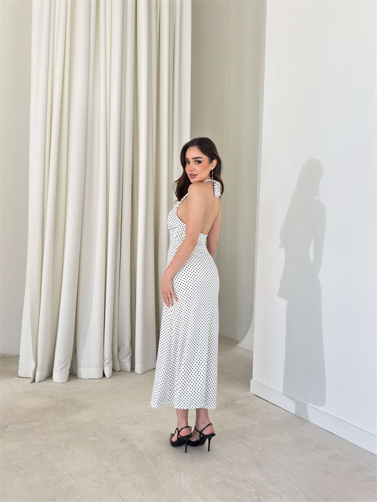 Boyundan Bağlamalı Puantiyeli V Yaka Annalise Ekru Kadın Elbise 26Y147