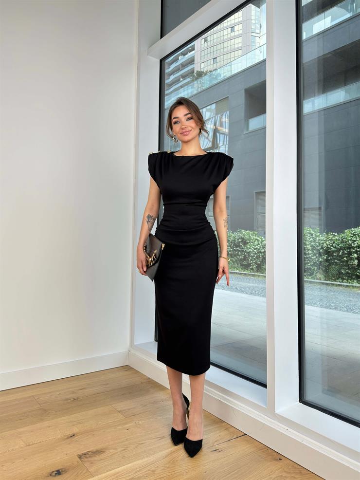 Omuz Vatkalı Drapeli Annaliz Kadın Siyah Midi Elbise 24Y625