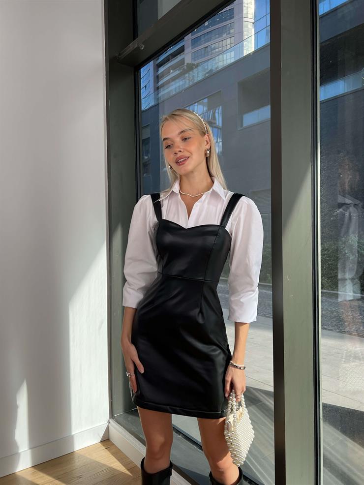 Kalın Askılı Gömlekli Annetta Kadın Siyah Vegan Deri Mini Elbise 24k253