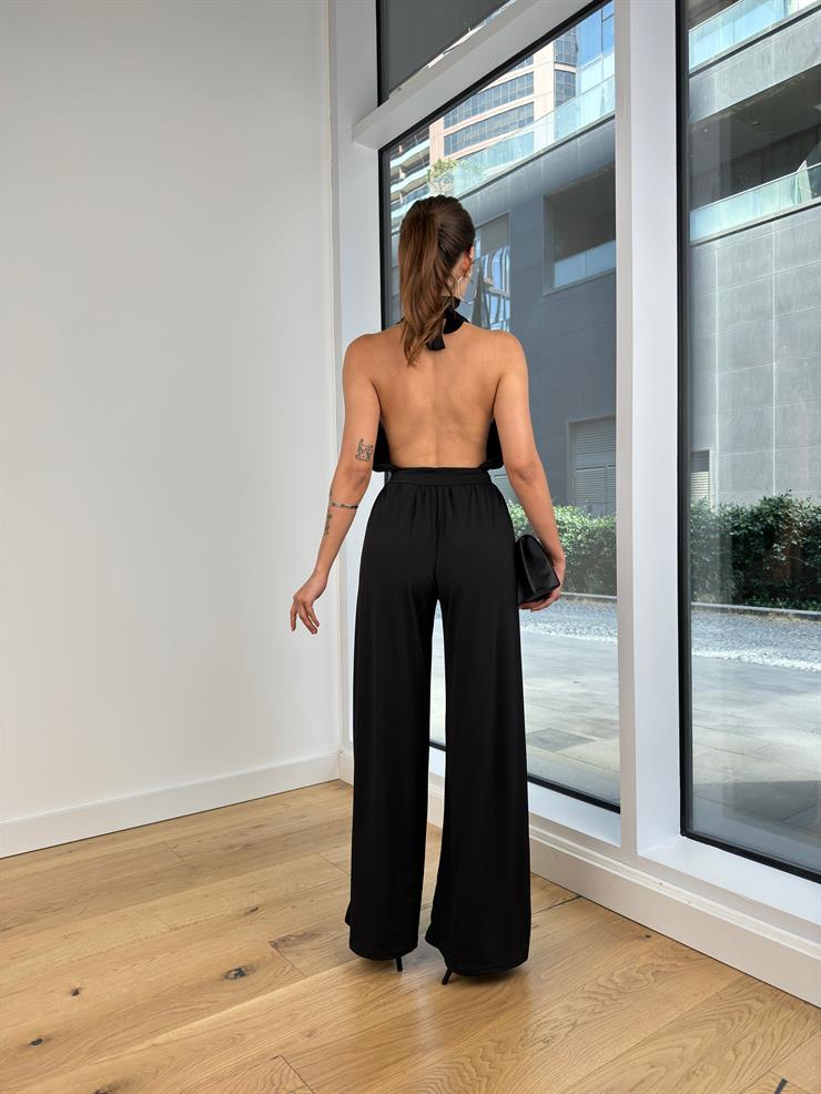 Derin Dekolteli Annika Boyundan Bağlamalı Bol Paça Kadın Siyah Tulum 24Y753