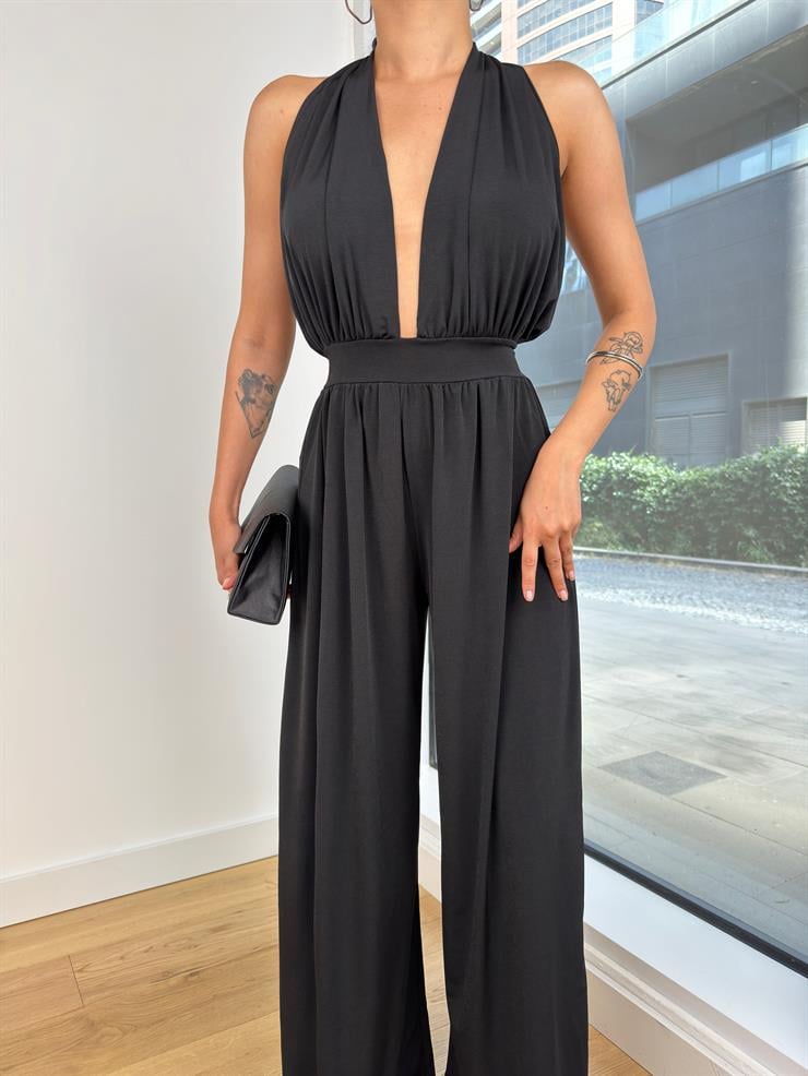 Derin Dekolteli Annika Boyundan Bağlamalı Bol Paça Kadın Siyah Tulum 24Y753