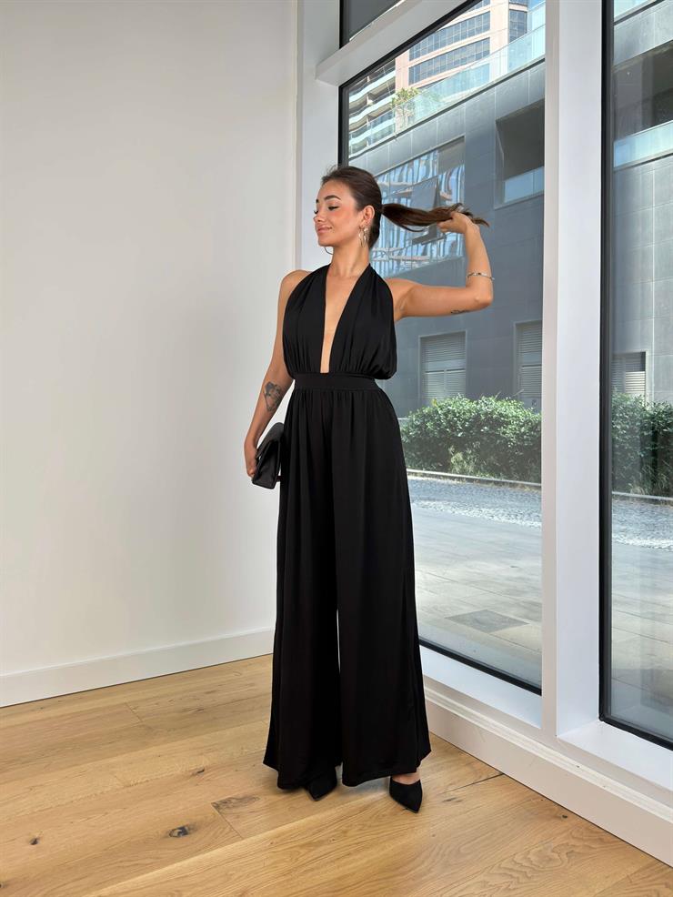 Derin Dekolteli Annika Boyundan Bağlamalı Bol Paça Kadın Siyah Tulum 24Y753