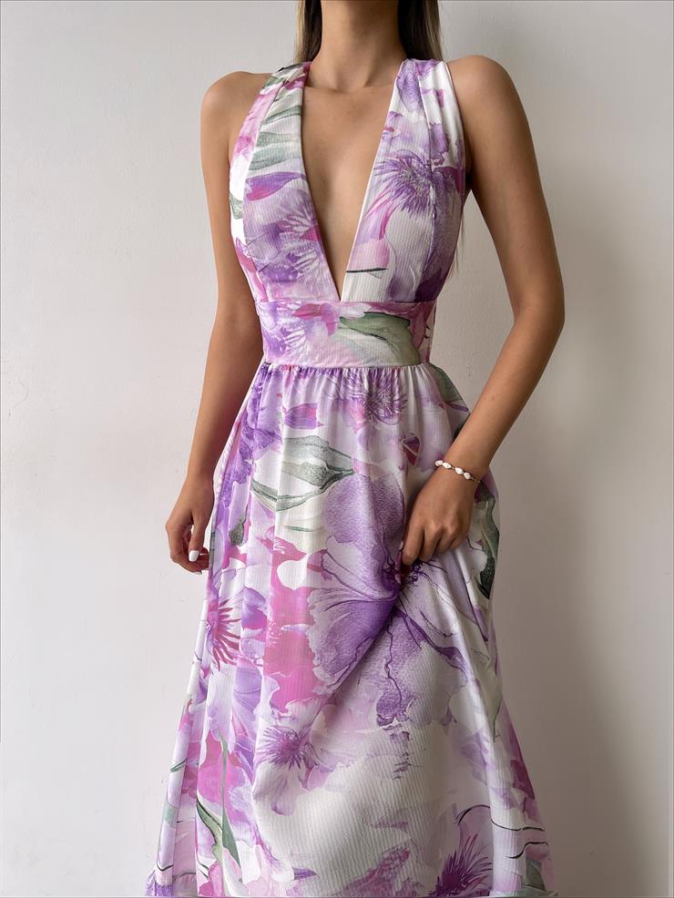 Derin V Yaka Sırt Dekolteli Ano Kadın Çiçekli Mor Elbise 23Y000251