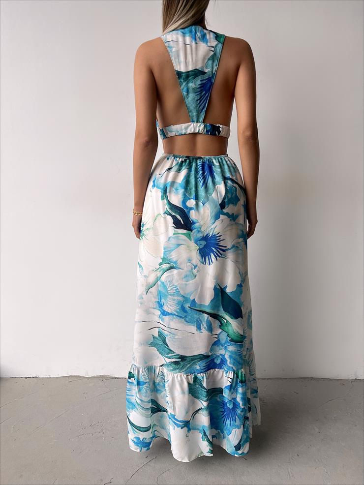 Derin V Yaka Sırt Dekolteli Ano Kadın Çiçekli Mavi Elbise 23Y000251