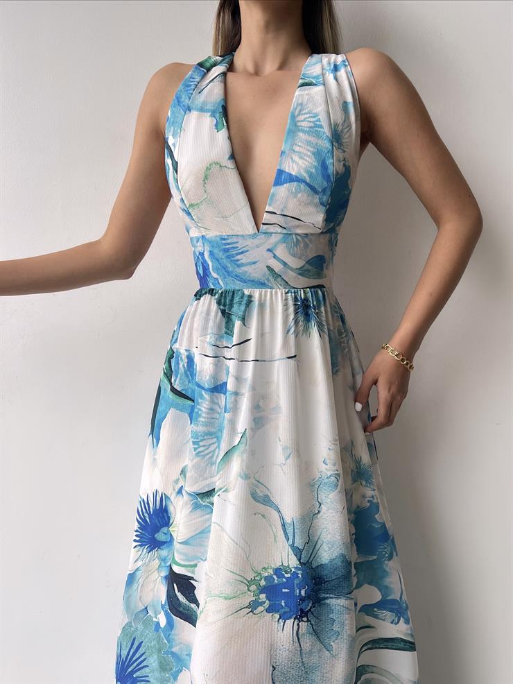 Derin V Yaka Sırt Dekolteli Ano Kadın Çiçekli Mavi Elbise 23Y000251