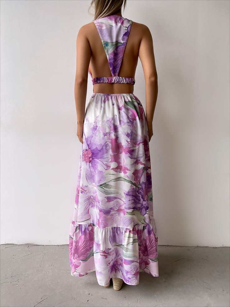 Derin V Yaka Sırt Dekolteli Ano Kadın Çiçekli Mor Elbise 23Y000251