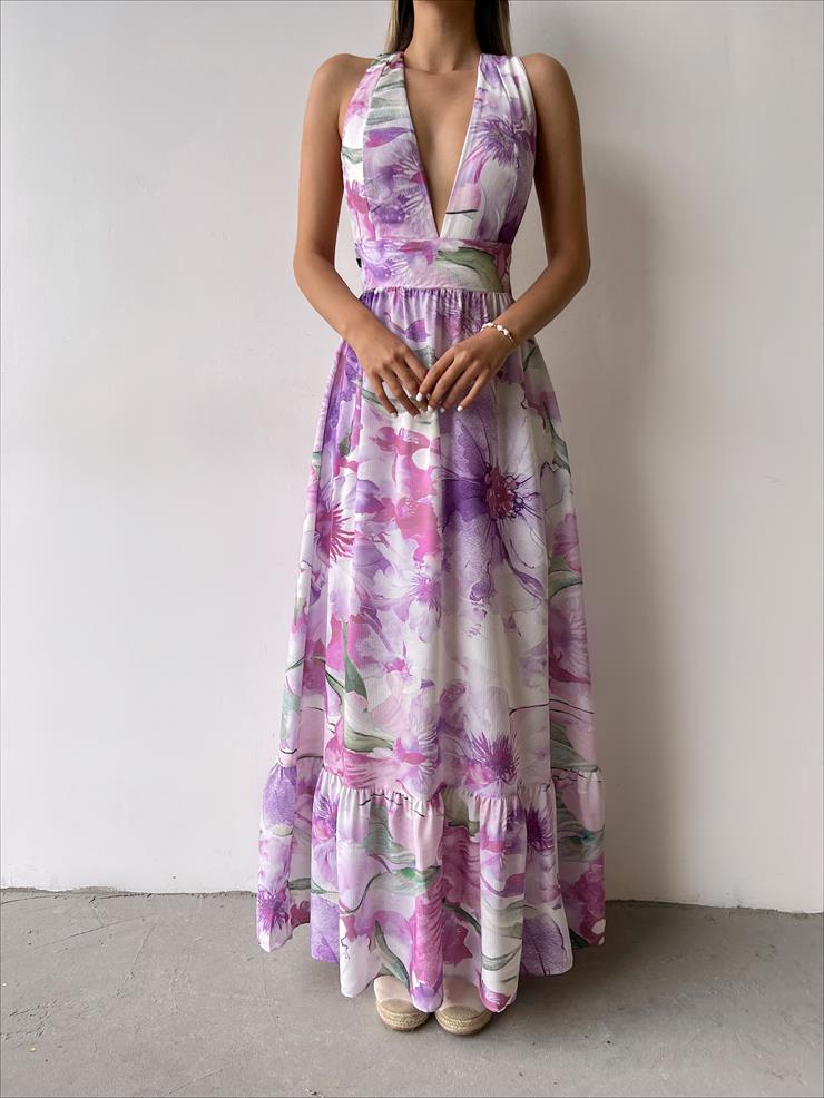 Derin V Yaka Sırt Dekolteli Ano Kadın Çiçekli Mor Elbise 23Y000251