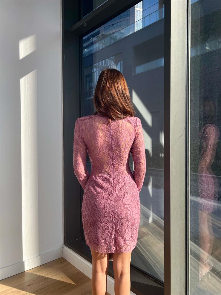 	Boğazlı Omuz Vatkalı Anorm Kadın Pembe Dantel Mini Elbise 24k298