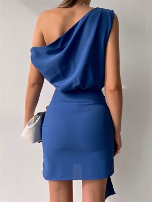 Kayık Yaka Eteği Kapaklı Bağcıklı Ansley Kadın İndigo Elbise 22K000623