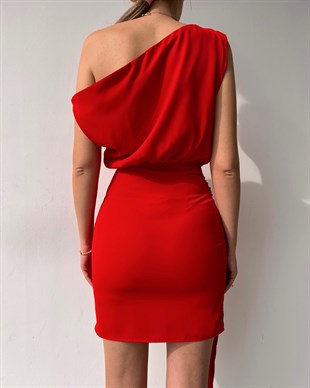 Kayık Yaka Eteği Kapaklı Bağcıklı Ansley Kadın Kırmızı Elbise 22K000623