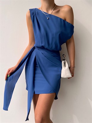 Kayık Yaka Eteği Kapaklı Bağcıklı Ansley Kadın İndigo Elbise 22K000623