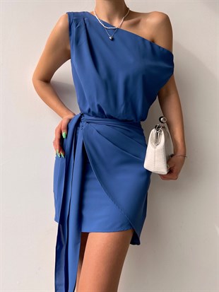 Kayık Yaka Eteği Kapaklı Bağcıklı Ansley Kadın İndigo Elbise 22K000623