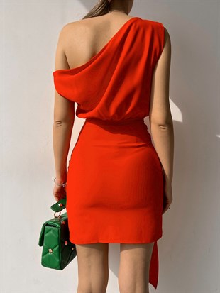 Kayık Yaka Eteği Kapaklı Bağcıklı Ansley Kadın Turuncu Elbise 22K000623