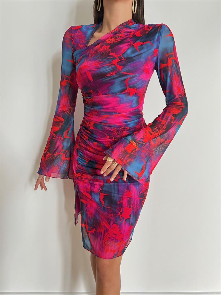 Uzun Kol Drape Ve Yırtmaç Detaylı Antena Kadın Renkli Elbise 24k000118