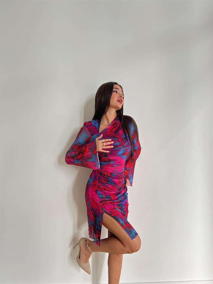 Uzun Kol Drape Ve Yırtmaç Detaylı Antena Kadın Renkli Elbise 24k000118