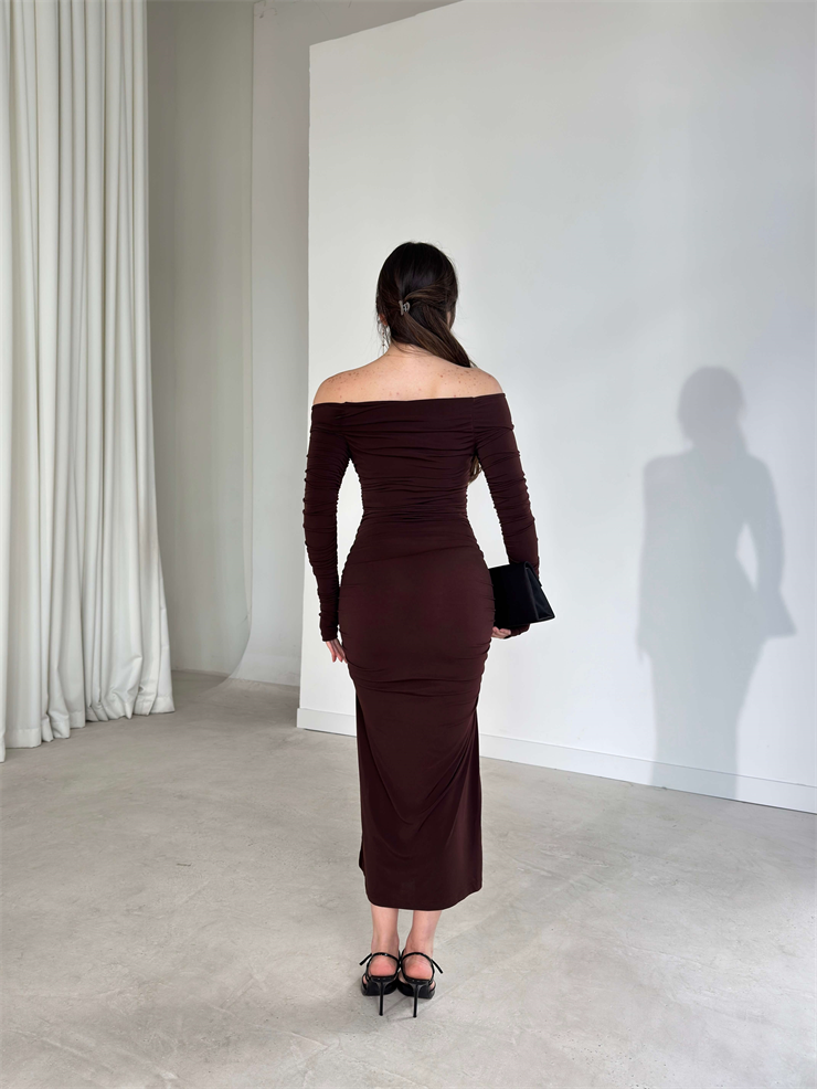 Drapeli Yandan Yırtmaçlı Parmak Detaylı Antonia Kahve Kadın Elbise 26Y142