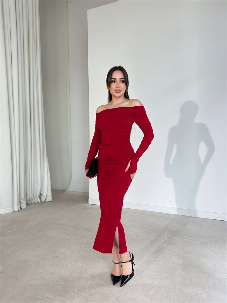 Drapeli Yandan Yırtmaçlı Parmak Detaylı Antonia Kırmızı Kadın Elbise 26Y142