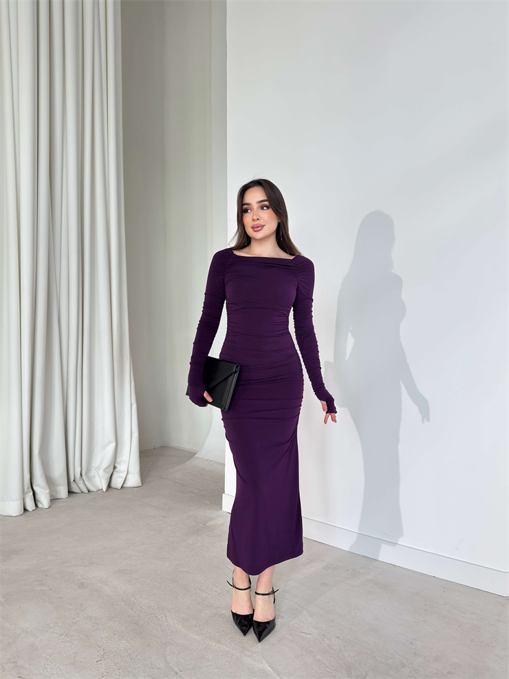 Drapeli Yandan Yırtmaçlı Parmak Detaylı Antonia Mor Kadın Elbise 26Y142