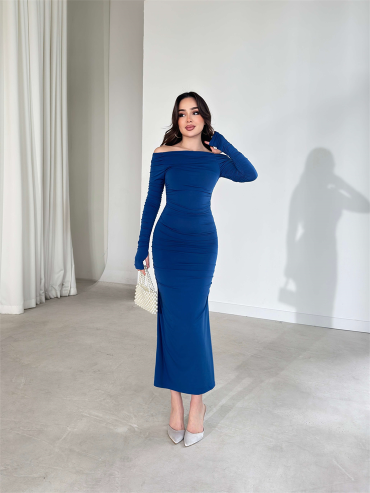 Drapeli Yandan Yırtmaçlı Parmak Detaylı Antonia Mavi Kadın Elbise 26Y142