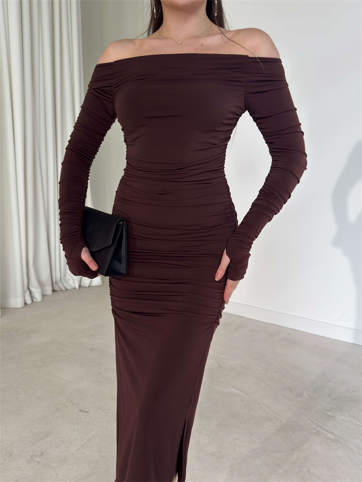 Drapeli Yandan Yırtmaçlı Parmak Detaylı Antonia Kahve Kadın Elbise 26Y142