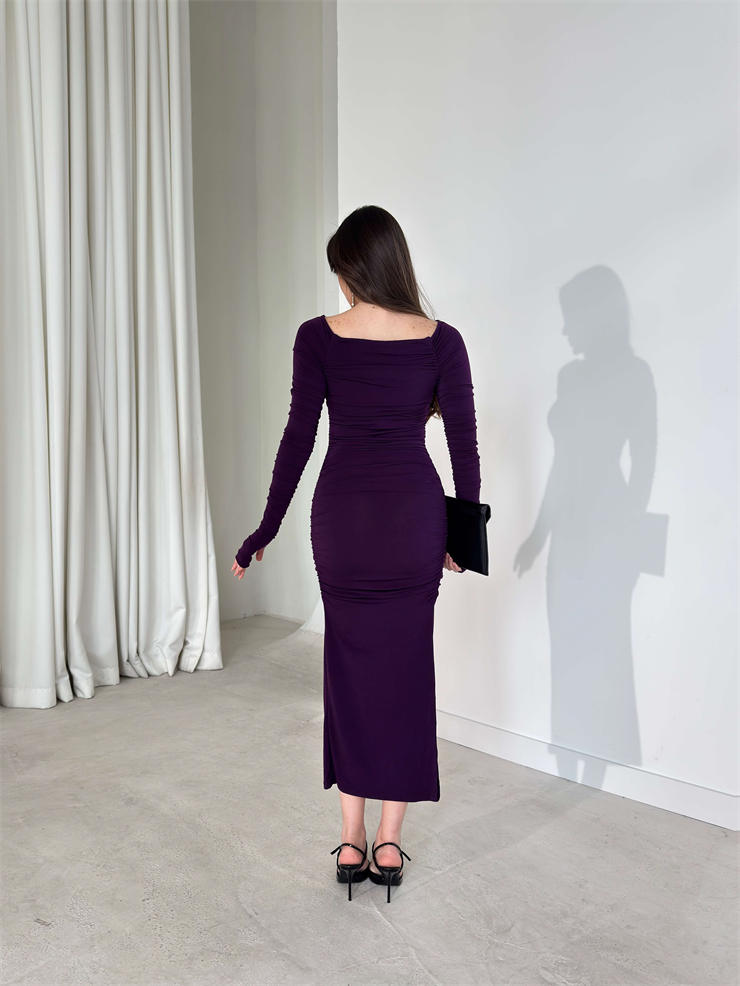 Drapeli Yandan Yırtmaçlı Parmak Detaylı Antonia Mor Kadın Elbise 26Y142