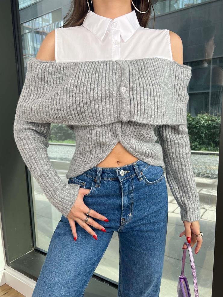 Düşük Omuzlu Gömlek Yaka Önü Düğme Detaylı Antonio Kadın Beyaz Kazak 24k372