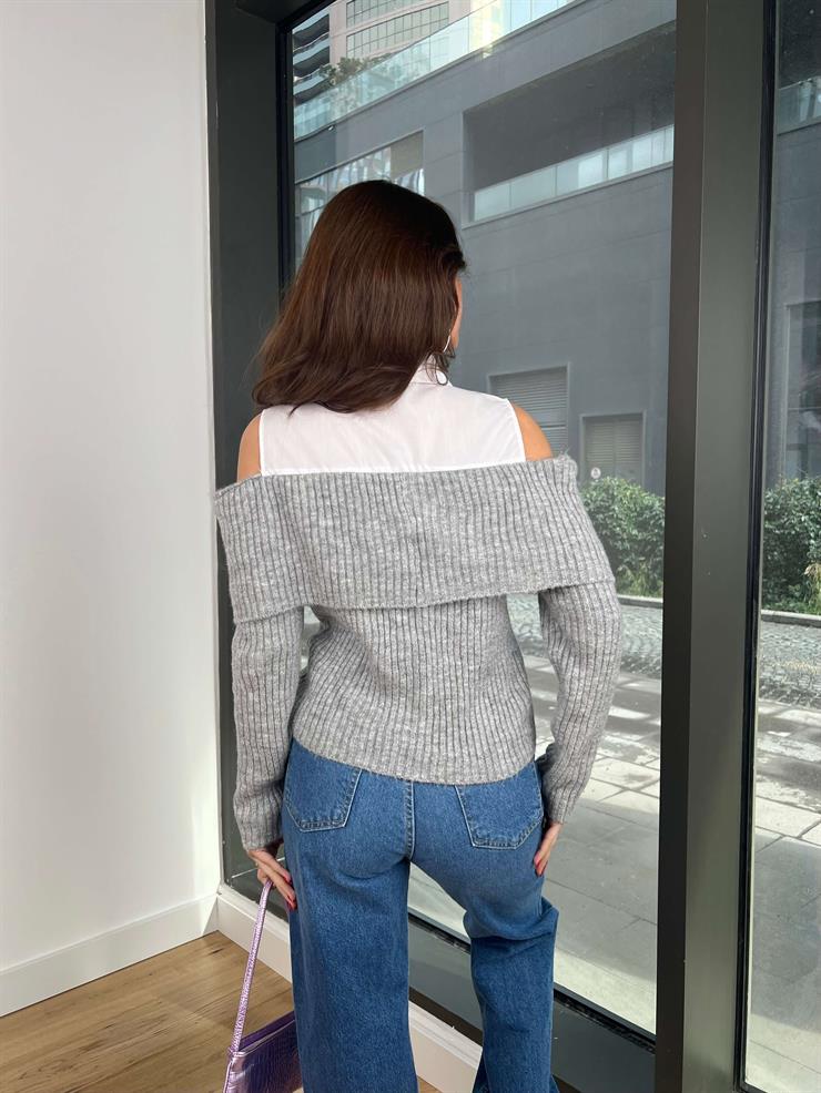 Düşük Omuzlu Gömlek Yaka Önü Düğme Detaylı Antonio Kadın Beyaz Kazak 24k372