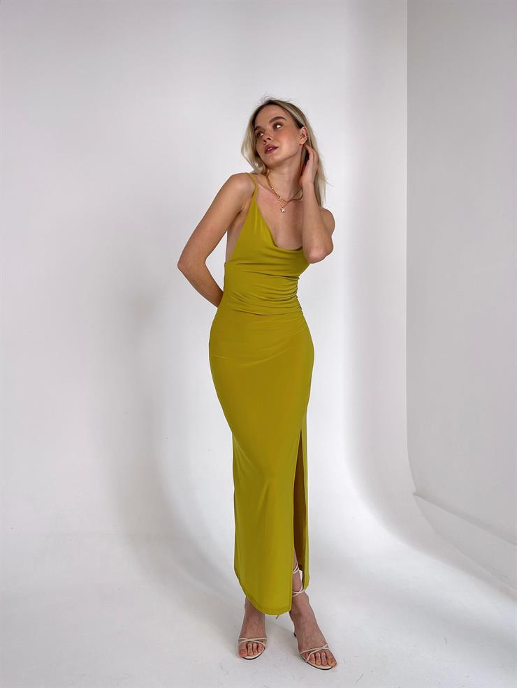 Asimetrik Degaje Yaka Yandan Yırtmaçlı Anya Kadın Yağ Yeşili Elbise 23Y000136