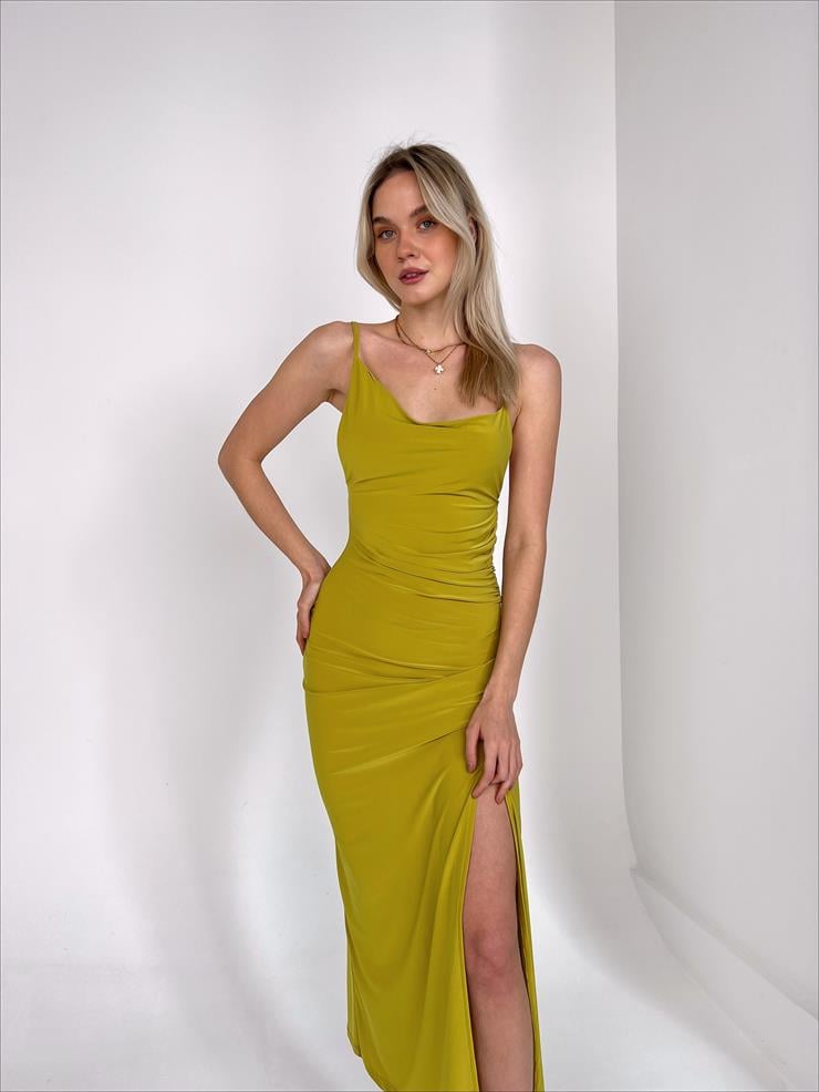 Asimetrik Degaje Yaka Yandan Yırtmaçlı Anya Kadın Yağ Yeşili Elbise 23Y000136