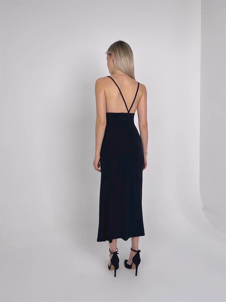 Asimetrik Degaje Yaka Yandan Yırtmaçlı Anya Kadın Siyah Elbise 23Y000136