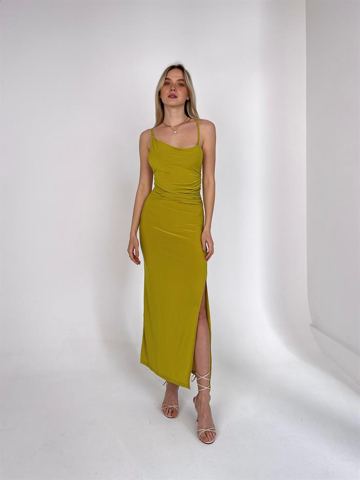 Asimetrik Degaje Yaka Yandan Yırtmaçlı Anya Kadın Yağ Yeşili Elbise 23Y000136