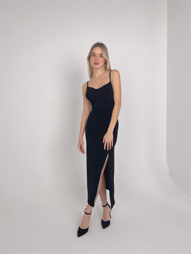 Asimetrik Degaje Yaka Yandan Yırtmaçlı Anya Kadın Siyah Elbise 23Y000136