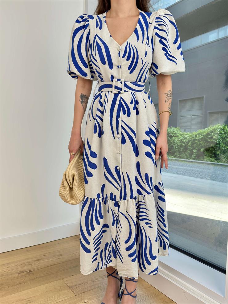 V Yaka Kısa Balon Kol Önü Düğme Kapamalı Beli Kemerli Apolo Kadın Mavi Elbise 24Y488