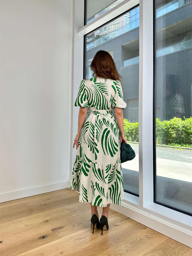 V Yaka Kısa Balon Kol Önü Düğme Kapamalı Beli Kemerli Apolo Kadın Yeşil Elbise 24Y488