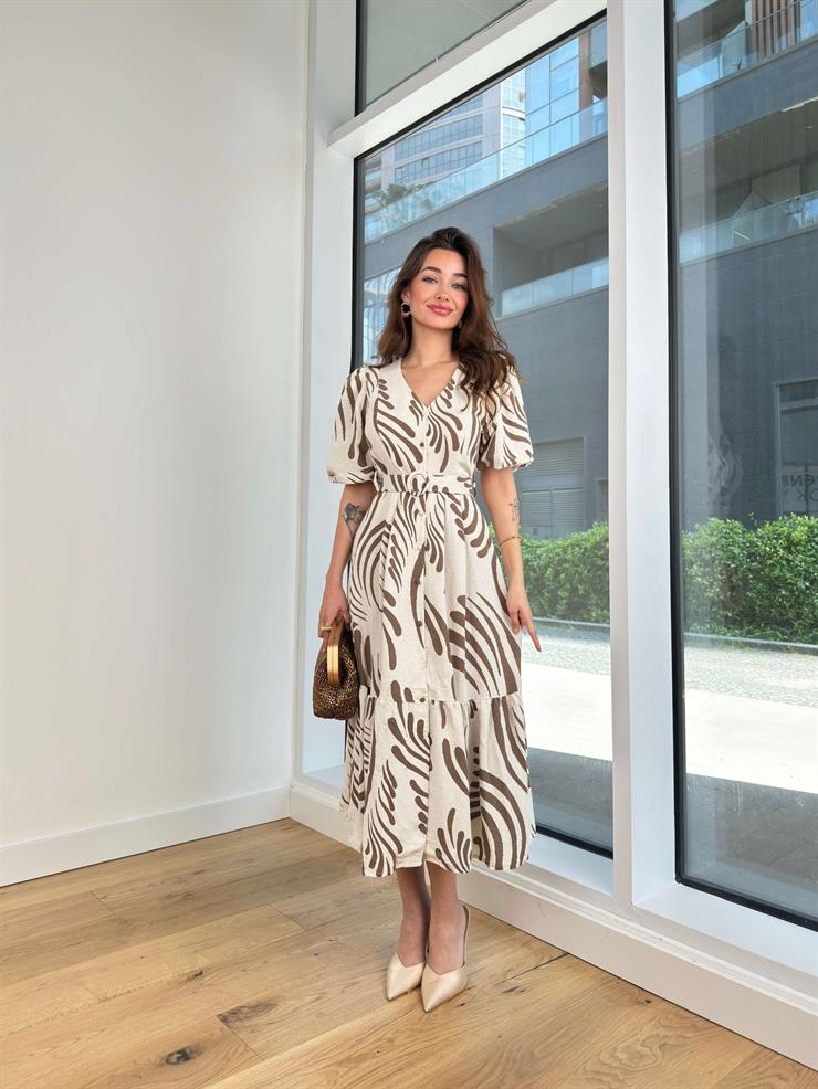 V Yaka Kısa Balon Kol Önü Düğme Kapamalı Beli Kemerli Apolo Kadın Kahve Elbise 24Y488