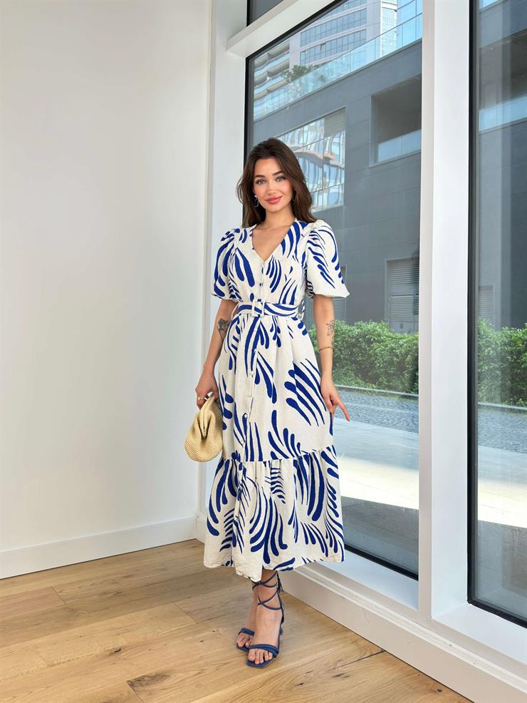 V Yaka Kısa Balon Kol Önü Düğme Kapamalı Beli Kemerli Apolo Kadın Mavi Elbise 24Y488