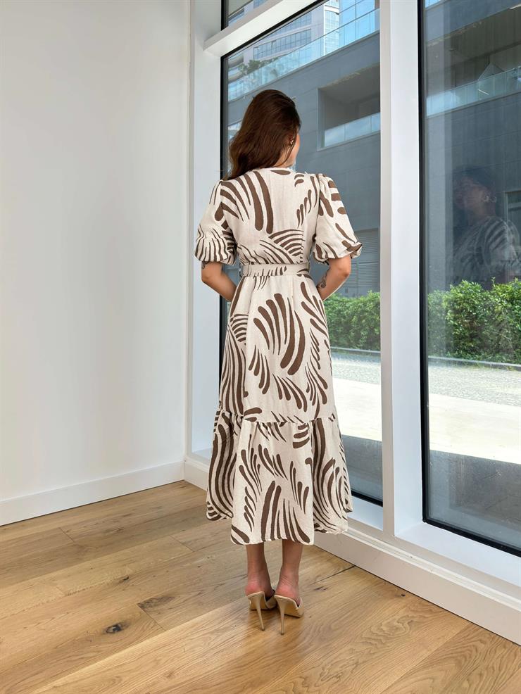 V Yaka Kısa Balon Kol Önü Düğme Kapamalı Beli Kemerli Apolo Kadın Kahve Elbise 24Y488