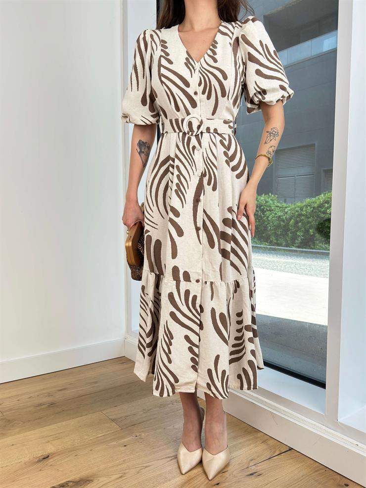 V Yaka Kısa Balon Kol Önü Düğme Kapamalı Beli Kemerli Apolo Kadın Kahve Elbise 24Y488