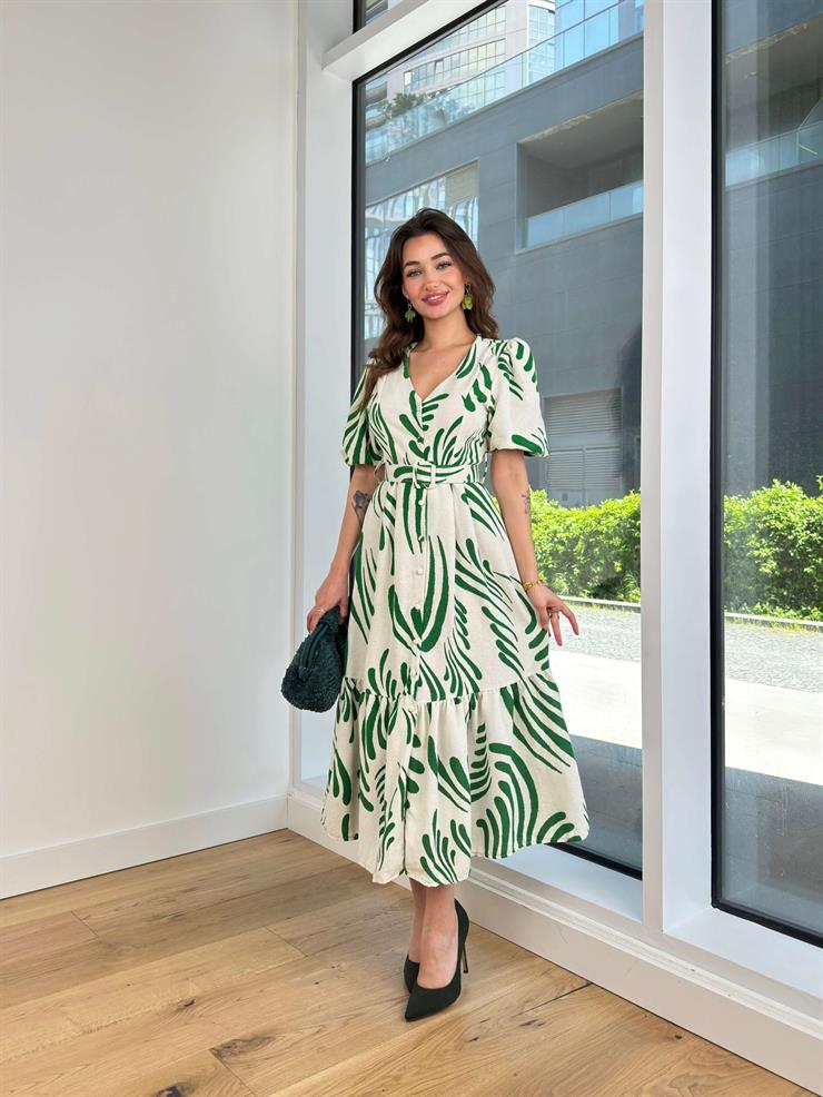 V Yaka Kısa Balon Kol Önü Düğme Kapamalı Beli Kemerli Apolo Kadın Yeşil Elbise 24Y488